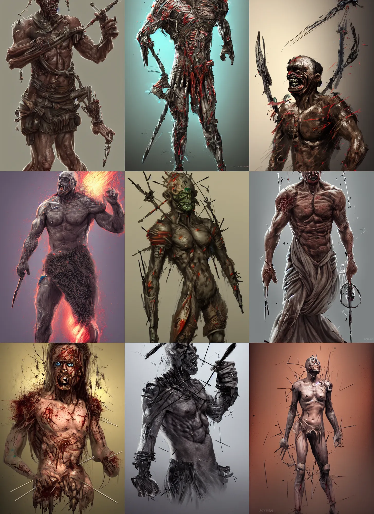 Prompt: a disfigured warrior with medical needles sticking out all over their body, concept art, trending on artstation, 4k