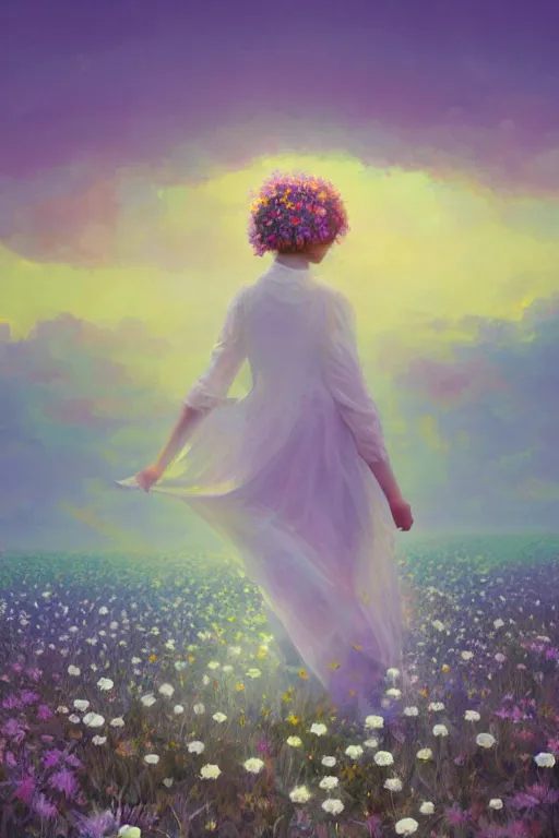 Prompt: large white daisy flower face, girl with veil walking in a flower field, surreal photography, sunrise, dramatic light, impressionist painting, colorful clouds, digital painting, artstation, simon stalenhag