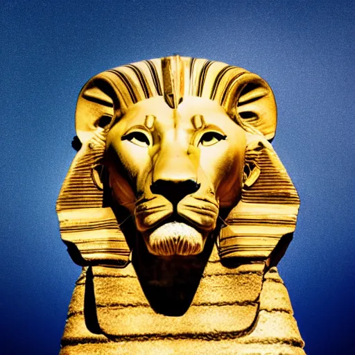 Prompt: Professional studio photograph of a real lion, posing in the same pose as the statue The Great Sphinx of Giza. Full body shot, studio lighting, neutral background, subject in sharp focus, great contrast, rich and saturated colors, high resolution (8k).