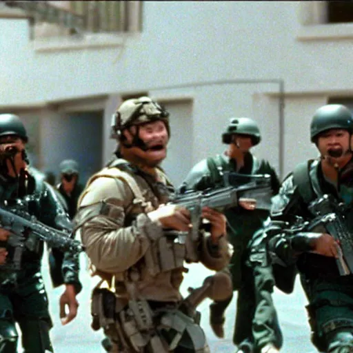 Image similar to film still of Los Angeles Future Commando Squad (1998). Villian chase scene. Sigma 85mm f/8