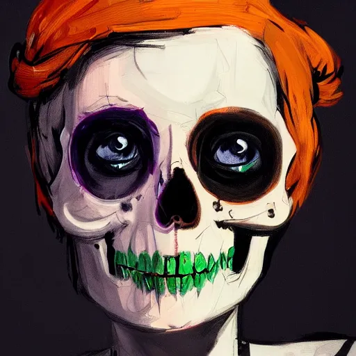 Prompt: a portrait of a girl skull face, happy, smiley, in the style of banksy, van gogh, atey ghailan and steve mccurry, vibrant colors and hard shadows and strong rim light, lucien freud, comic cover art, trending on artstation