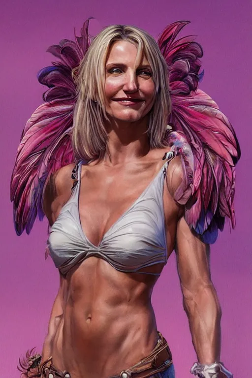 Image similar to muscled Cameron Diaz as a ruggedly handsome hero wearing pink feathers, intricate, elegant, tasteful, highly detailed, centered, digital painting, artstation, concept art, smooth, sharp focus, illustration, art by artgerm and donato giancola and Joseph Christian Leyendecker, WLOP