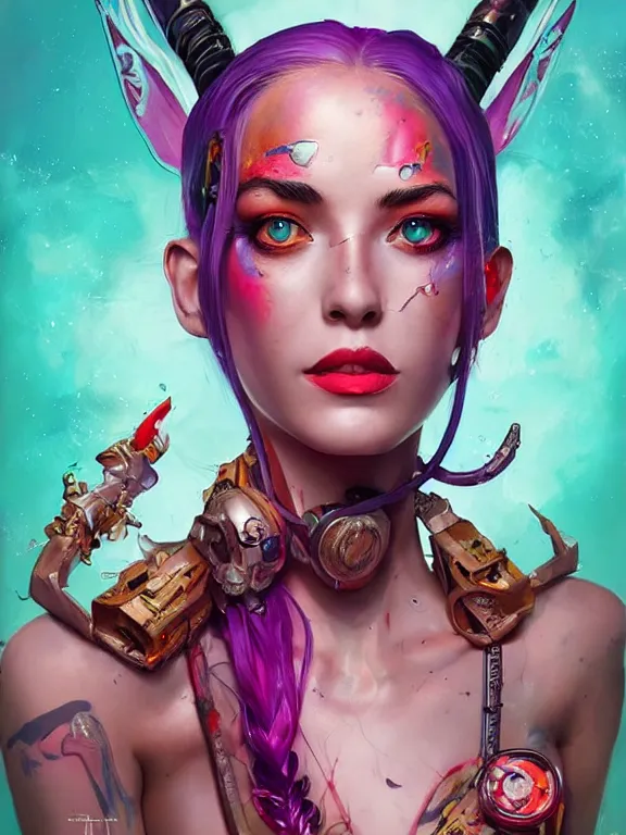 Image similar to a digital art portrait of Jinx from League of Legends,by tristan eaton,Stanley Artgermm,Tom Bagshaw,Greg Rutkowski,Carne Griffiths,trending on pinterest,face enhance,Cyberpunk,chillwave,maximalist,full of color,glittering