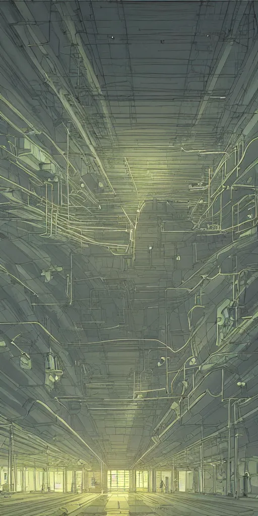 Image similar to underground huge experimental water tanks , mysterious laboratory, thick mist, low ceiling, cables hanging from ceiling, thick cables on ground, ground perspective, god rays of light, huge computer screens, neons, saturated top light , epic scene, scifi, illustration, art by ghibli moebius