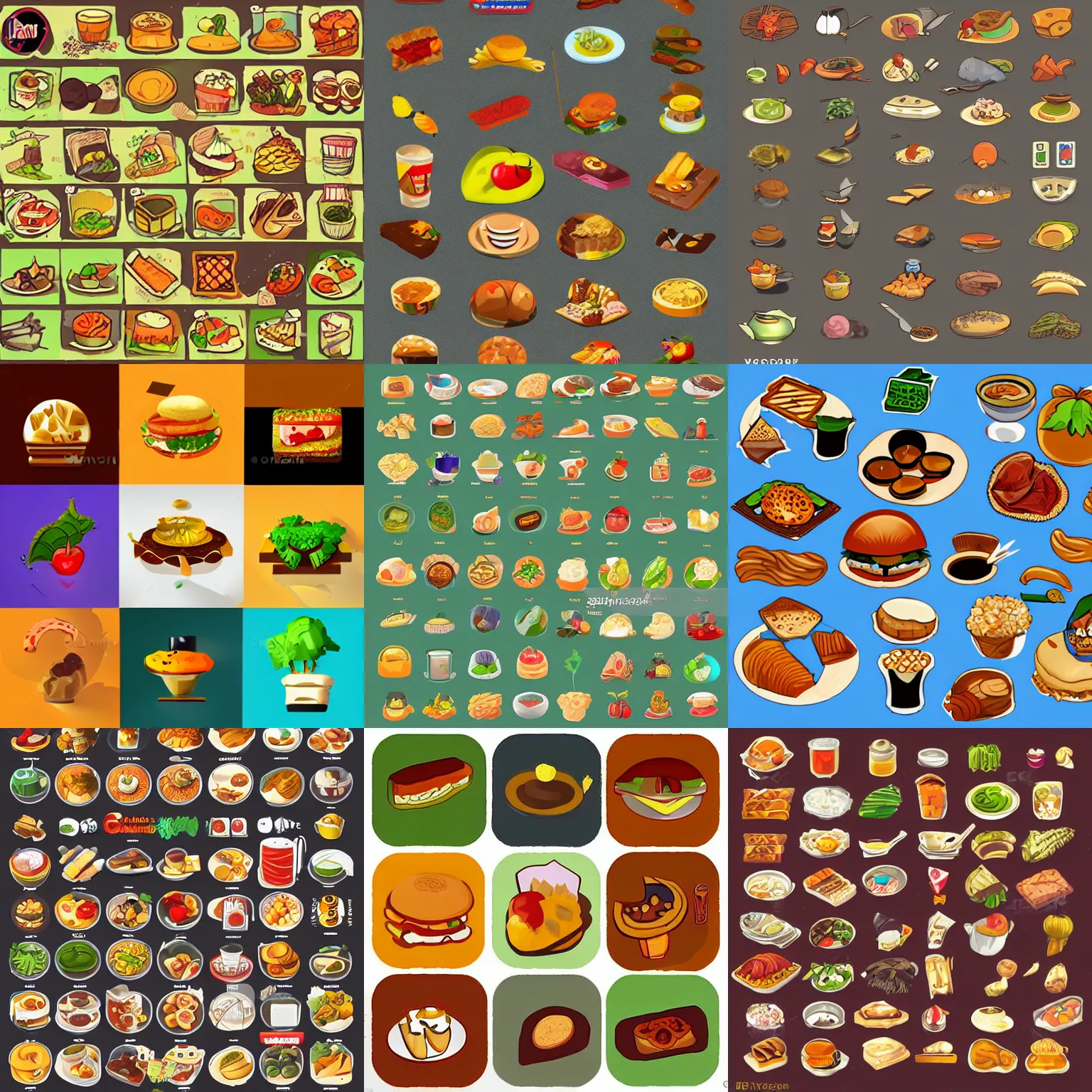 Prompt: collection of food icons, game dev art