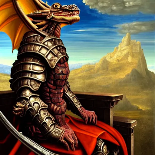 Image similar to a dragonborn as the king of a kingdom sitting on his throne, digital art, renaissance painting, fantasy art, ultra detailed, as coherent as Dall-E 2