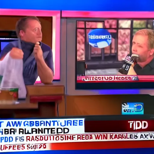 Prompt: local news guy wearing a tattered white tanktop during a live broadcast, visibly drunk