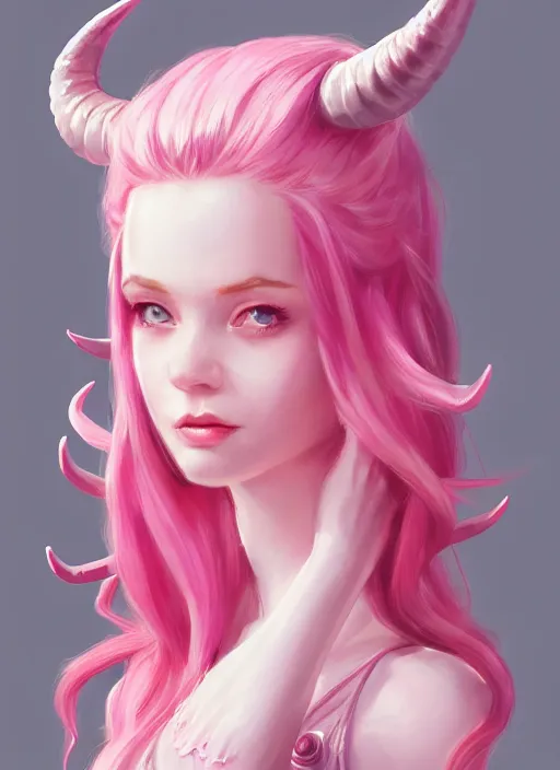 Image similar to a highly detailed illustration of cute smug pink haired pale girl with horns wearing pink dress, dramatic smirk pose, intricate, elegant, highly detailed, centered, digital painting, artstation, concept art, smooth, sharp focus, league of legends concept art, wlop.