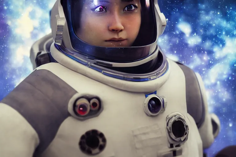 Image similar to futuristic astronaut chasing a distant spaceship Anime, wide angle, fine details, cinematic. colorful galaxy starscape. realistic shaded lighting by Ilya Kuvshinov Giuseppe Dangelico Pino and Michael Garmash and Rob Rey greg rutkowski, octane render, IAMAG premiere, aaaa achievement collection, bullet traces, cinematic hologram, fabulous, daily deviation, annual award winner