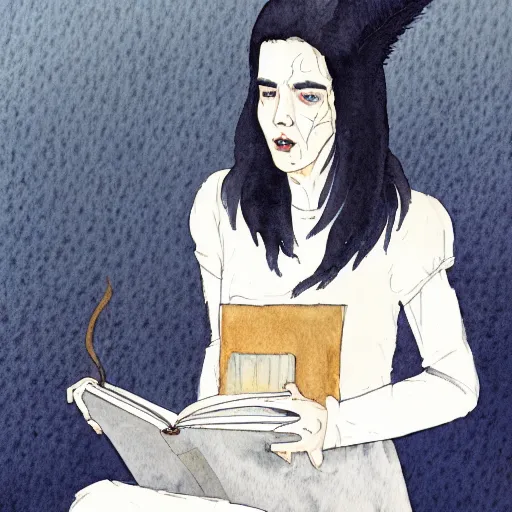 Image similar to full body detailed watercolor illustration of alien jennifer connelly mixed with anya taylor - joy, reading a book, unsettling, hooded long black feathered cloak, uncanny valley, with black feathers instead of hair, gothic, guillermo del toro, gray mottled skin, pale and sickly, profile view, - - ar 9 : 1 6