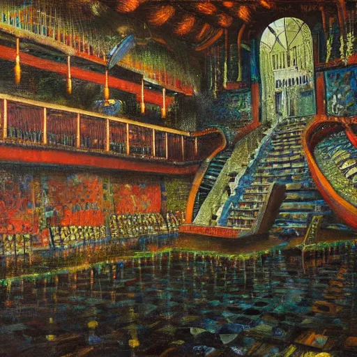 Image similar to high quality, high detail painting, dutch masterpiece, fluxus, film noir, ernst haekl, empty theater stage in las pozas with quetzalcoatl at night, hd, muted lighting