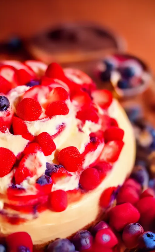 Image similar to A photo of a swedish cake from the side on a wooden table, with cream spread on the sides and strawberries, raspberries and blueberries placed in circles on top. Sunset. 4K. Cinematic lighting. High detail. Realistic. Delicious.