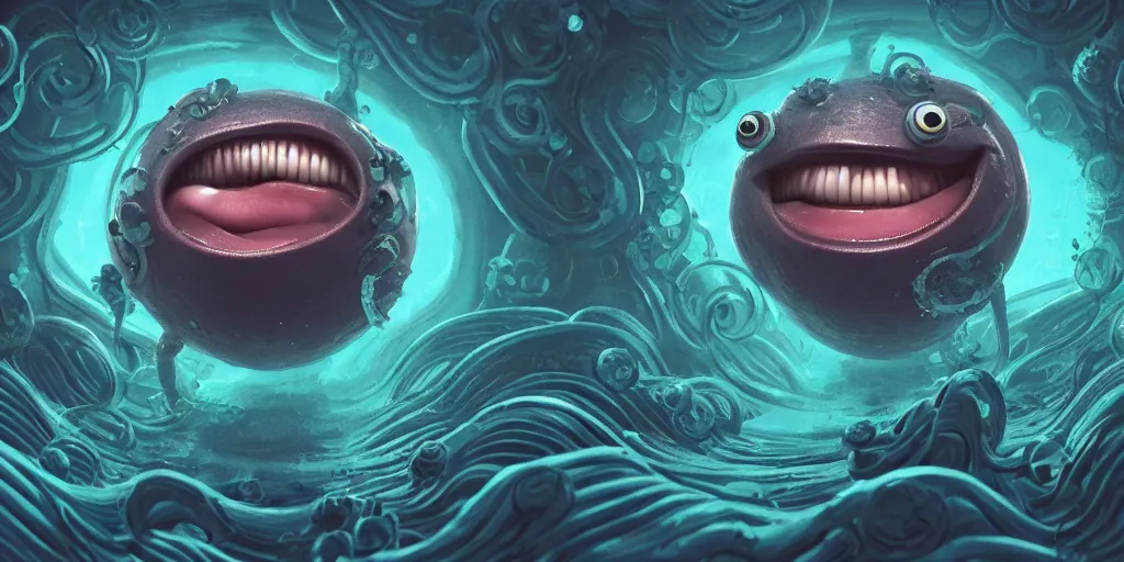 Image similar to of an intricate deep sea with strange cute friendly happy creatures with huge eyes, long tongue, round teeth and goofy funny face, appearing from the background, in the style of gehry and gaudi, macro lens, shallow depth of field, ultra detailed, digital painting, trending artstation, concept art, illustration, cinematic lighting, photorealism, epic, octane render