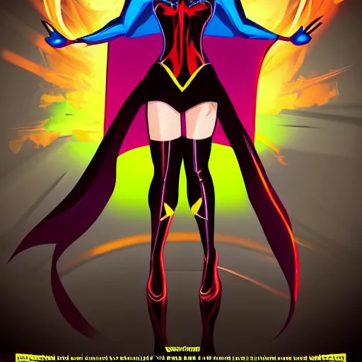 Prompt: comic book cover art, full-body character design of a beautiful and excited female superhero surrounded by fiery explosions, symmetrical face, long dark hair, well-endowed, accentuated feminine features, wearing a latex bodysuit and flowing rainbow cape, vector graphics, vector tracing, comic book realism, volumetric lighting, cel shading, highly detailed, in the style of David Nakayama and Jorge Jiménez, ArtStation, vibrant colors