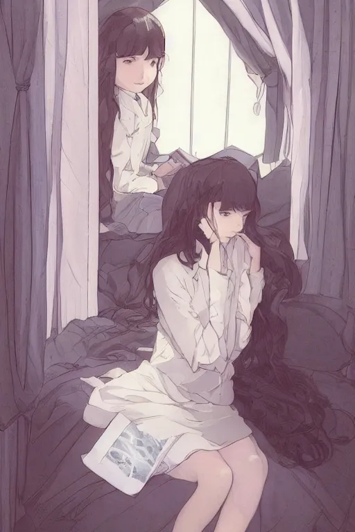 Image similar to a girl in a jk uniform outfit in the bedroom reading a book in a night, raining outside the window, dark and grey theme ， wavy white long hair, by krenz cushart and mucha and akihito yoshida and greg rutkowski and makoto shinkai, detailed eyes, 4 k resolution 、 trending on art station