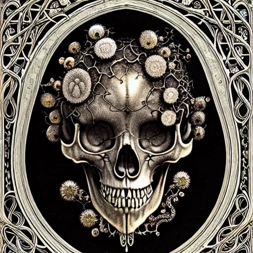 Image similar to art forms of nature by ernst haeckel, memento mori by arthur rackham, ornate antique porcelain beautiful skull mask, ultrasharp, photorealistic, hyperdetailed, octane render, polished, art nouveau, neo - gothic, gothic, intricate ornamental organic filigree, art nouveau botanicals, art forms of nature by ernst haeckel, horizontal symmetry, symbolist, visionary