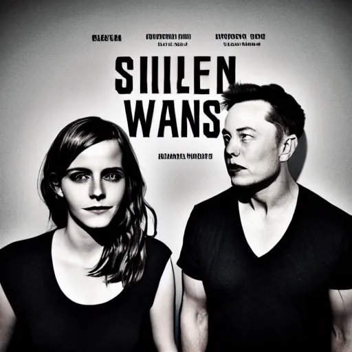 Image similar to elon musk and emma watson on a metal album cover