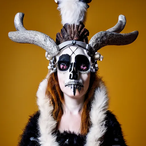 Image similar to a photographic portrait of a anthropomorphic norse mythology mimosa, wearing furry clothes and artifact head gear made of deer horn and skull bones embaded with jewels in the style of heilung an experimental folk music band, elegant, highly detailed, hyper realism, 4k, DSLR, artstation, smooth, sharp focus, octane render, 3d, good clear quality, lighting, biology, symmetrical artwork, perfect face, high detail, octane render
