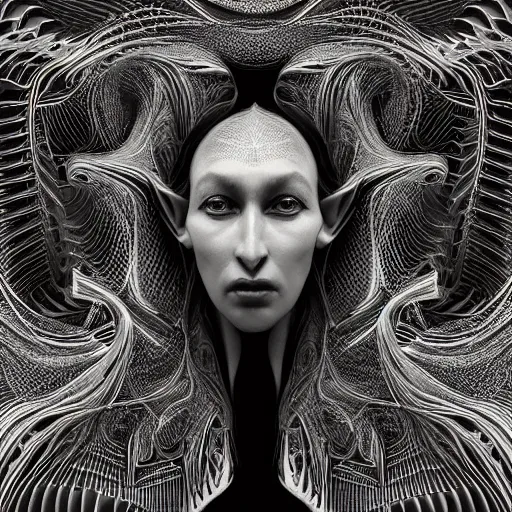 Image similar to dmt elf portrait by zaha hadid, iris van herpen and rick owens. highly detailed, hyper - real, very beautiful, intricate fractal details, very complex, opulent, epic, mysterious, polished, futuristic design, trending on deviantart and artstation