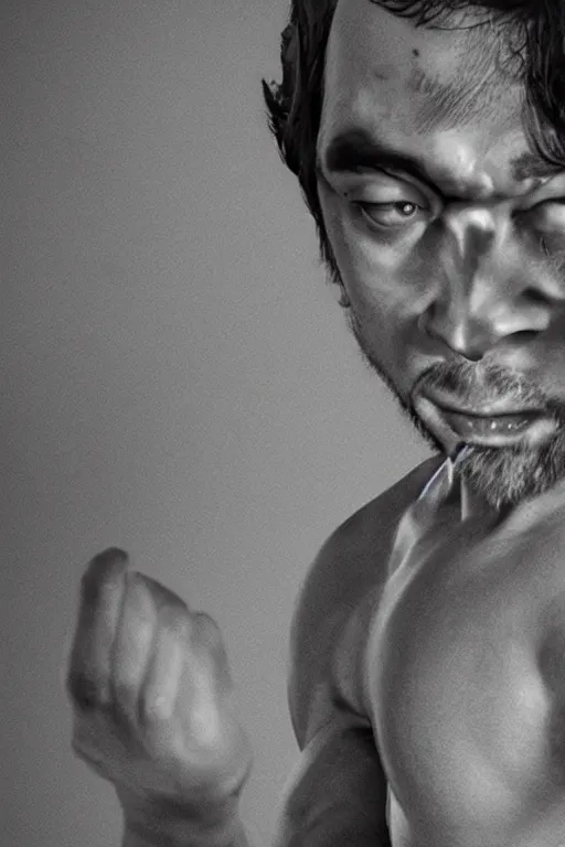 Image similar to A still of Sam Hyde as Bruce Lee, close-up, sigma male, rule of thirds, award winning photo, unreal engine, studio lighting, highly detailed features, raining, ethereal lighting