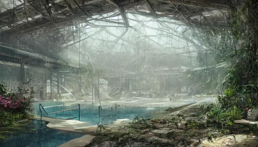 Image similar to Concept art of a dusty abandoned indoor pool in London covered by vegetation, raining outside, hyperdetailed, artstation, cgsociety, 8k