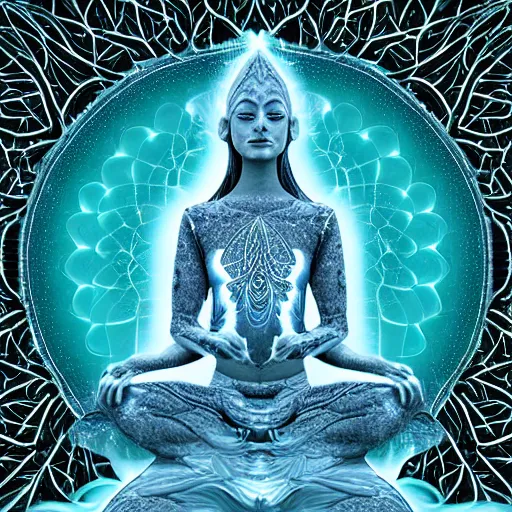 Image similar to glowing cracks, elven princess, meditating, peaceful, levitating, powerful, blossoming, lotus pose, zen, glowing, fractal background, ascending, detailed, realistic, digital art, fantasy, trending on artstation, cinematic, movie clip, visionary art, intricate pattern, subtle pattern, detailed texture, fractal texture, flowing, engraved texture, sacred geometry pattern, symmetry, perfect, perfect face, facial beauty, pretty, attractive, by peter morhbacher, dmt temple, godlike, pearlescent, matte painting, highly detailed painting, light, light being, feathered, smooth, radial color dispersion, color dispersion, portal, black hole, realms, surreal, surrealist, impressionism, mist, fog, smoke