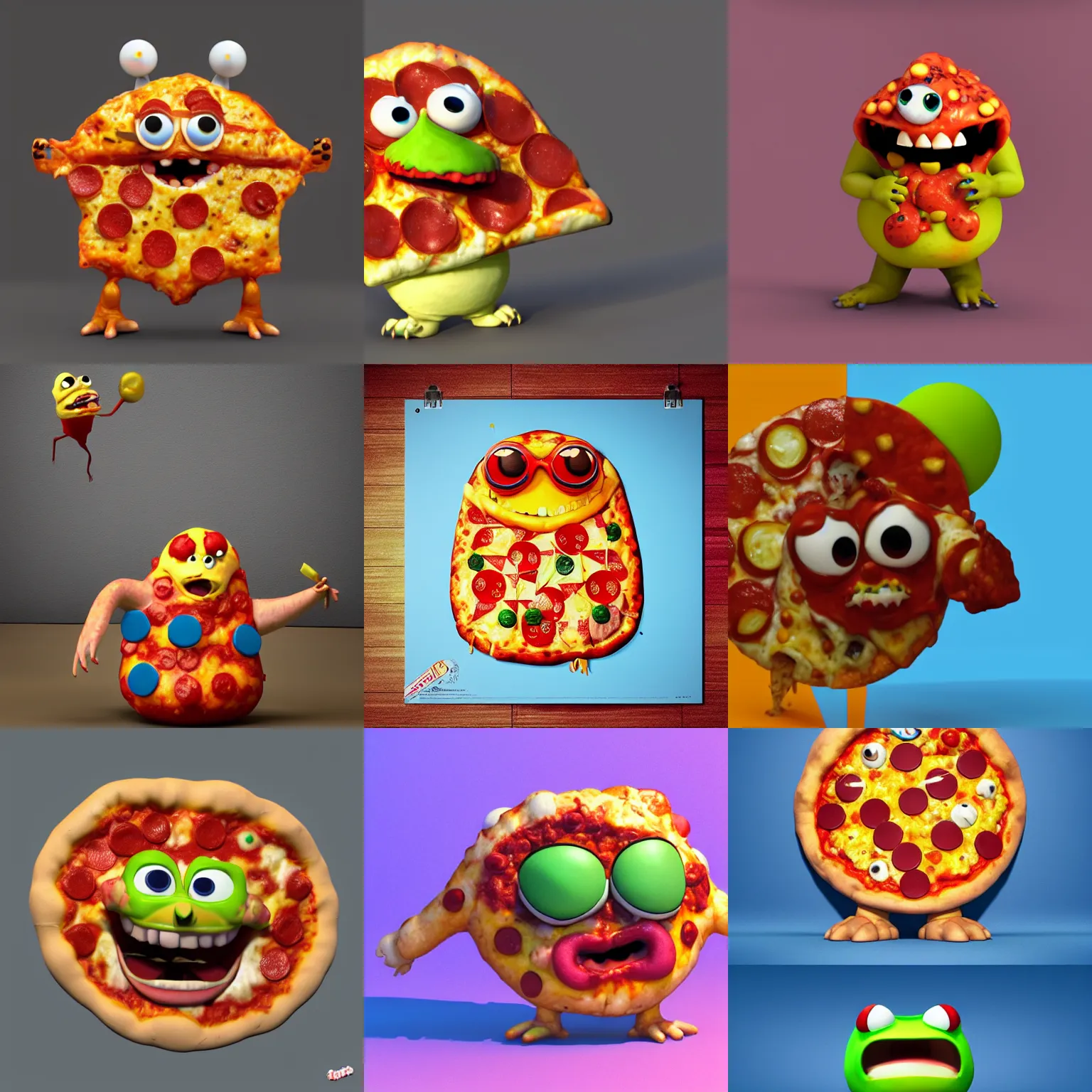 Prompt: cute pizza monster, gross but adorable, in the style of pixar, 3 d character, renderman, raytracing, movie poster