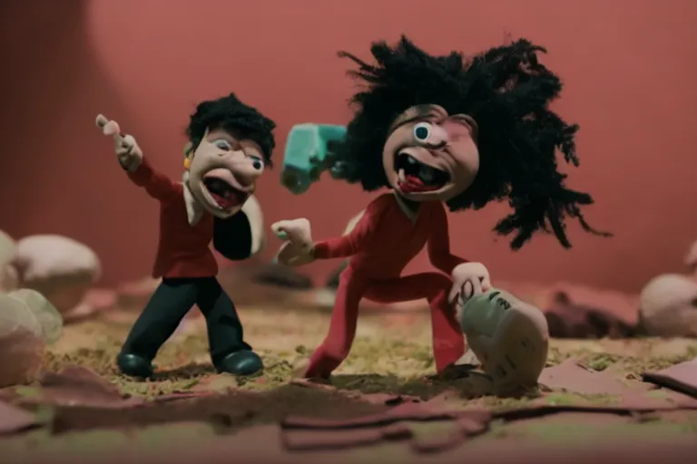 Prompt: cinematic screenshot of a stop motion claymation film about a wacky adventure starring danny brown, shallow depth of field, 1 8 mm, f 1. 8