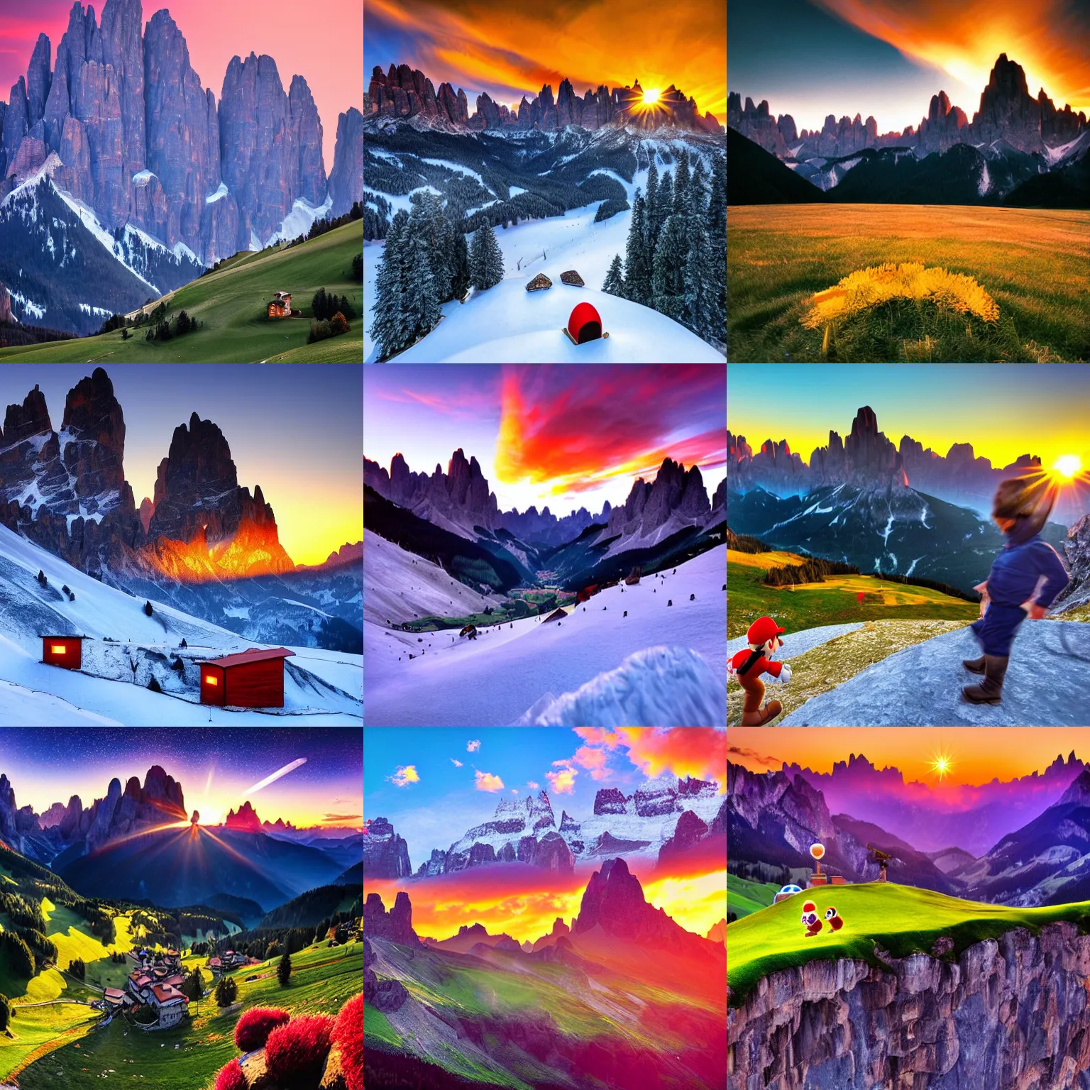 Prompt: super mario galaxy dolomites sunset, photography