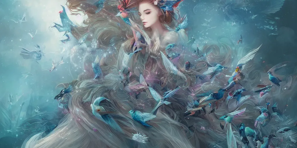 Prompt: A flock of birds transforming into a beautiful princess by ross tran, hyper-detailed, intricate, wide angle, beautiful, fantasy, concept art