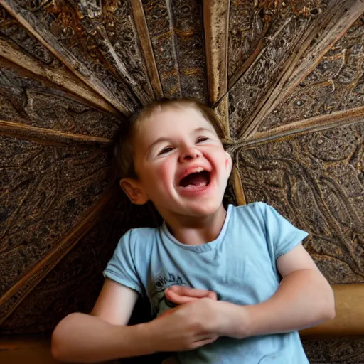 Image similar to an old photograph of a child on the ceiling with a wide grin and spider legs