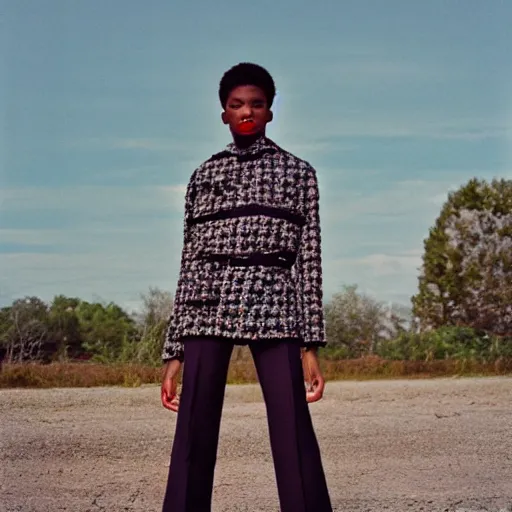 Image similar to realistic! photoshoot for a new chanel lookbook, color film photography, portrait of a beautiful woman, location outdoor, in style of tyler mitchell, 35mm