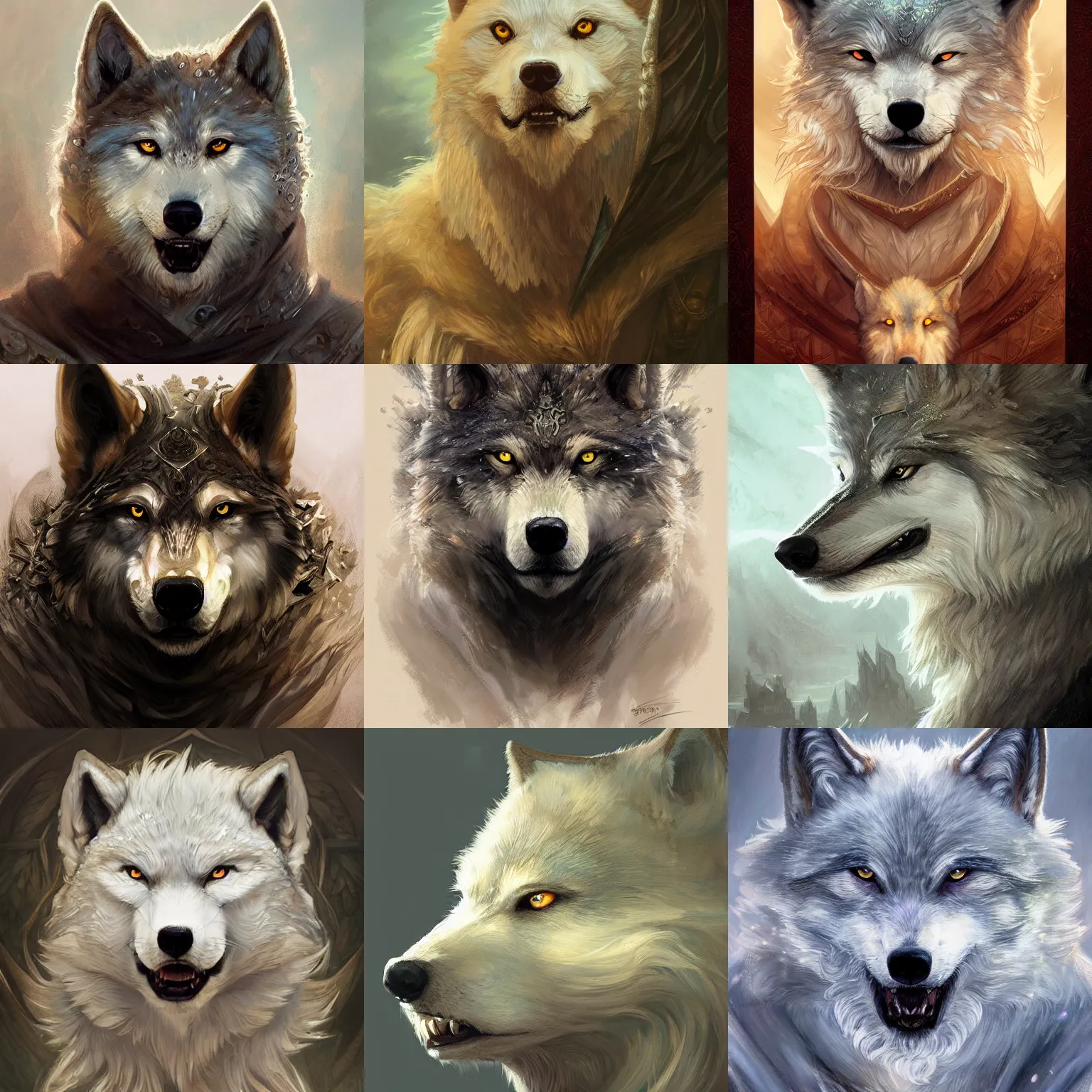 Prompt: portrait of a direwolf, monster, elegant, intricate, headshot, D&D, fantasy, highly detailed, digital painting, artstation, concept art, sharp focus, illustration, art by artgerm and greg rutkowski and alphonse mucha