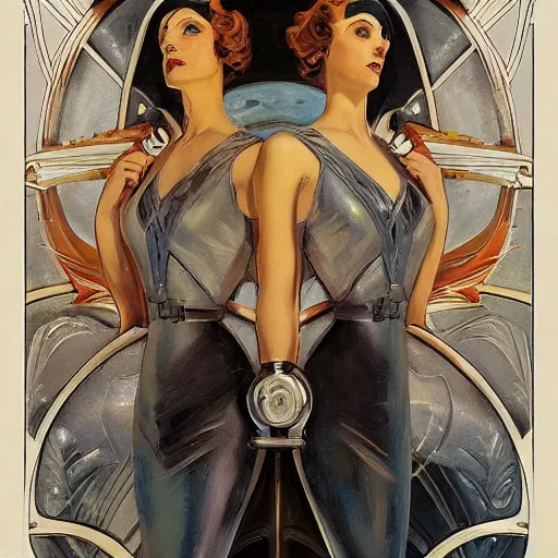 Image similar to a streamline moderne, ( art nouveau ), ( dieselpunk ) painting in the style of charlie bowater, and in the style of donato giancola, and in the style of charles dulac. symmetry, smooth, sharp focus, ultrarealism, intricate symmetrical ultrafine background detail.