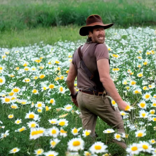 Prompt: indiana jones, frolicking through daisies