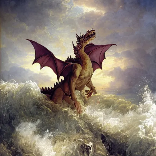 Image similar to A fantasy book style portrait painting of a dragon in a stormy sea, François Boucher, Oil Painting, unreal 5, DAZ, hyperrealistic, octane render, Regal, Refined, Detailed Digital Art, RPG portrait, William-Adolphe Bouguereau, Michael Cheval, Walt Disney (1937), Volumetric Golden dappled dynamic lighting, Highly Detailed, Cinematic Lighting, Unreal Engine, 8k, HD