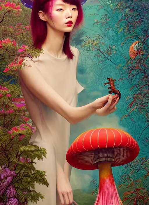 Image similar to pretty chinese model with magic mushroom : : by martine johanna and simon stalenhag and chie yoshii and casey weldon and wlop : : ornate, dynamic, particulate, rich colors, intricate, elegant, highly detailed, vogue, harper's bazaar art, fashion magazine, smooth, sharp focus, 8 k, octane render,