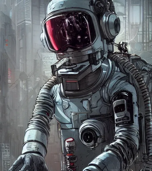 Image similar to realistic cyberpunk engineer with long limbs and a black spacesuit on a spacewalk, techwear, dead space, visible face, Industrial Scifi, detailed illustration, character portrait, by Ashley Wood and Moebius