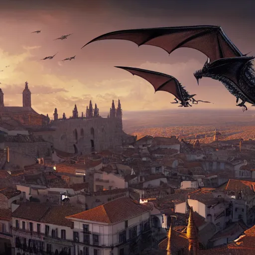 Prompt: the monumental city of caceres with dragons flying over it, dramatic lighting, cinematic, extremly high detail, photorealistic, cinematic lighting, post processed, concept art, artstation, matte painting, style by greg rutkowsky