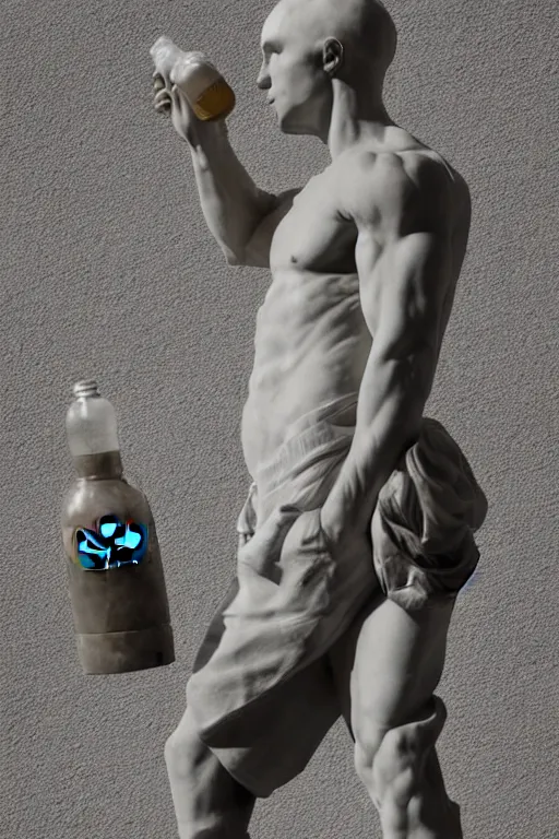 Image similar to marble sculpture of man in Adidas jacket sportswear holding a bottle, intricate sculpture, chiseled muscles, godlike, museum photo