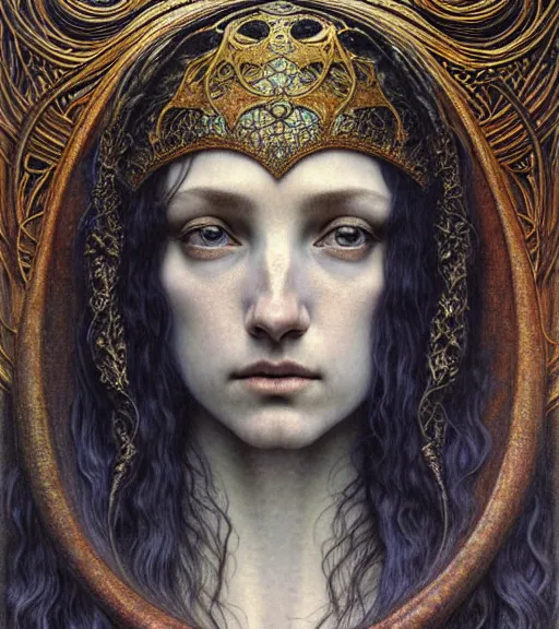 Image similar to detailed realistic beautiful young medieval queen face portrait by jean delville, gustave dore and marco mazzoni, art nouveau, symbolist, visionary, gothic, pre - raphaelite. horizontal symmetry by zdzisław beksinski, iris van herpen, raymond swanland and alphonse mucha. highly detailed, hyper - real, beautiful