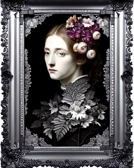 Prompt: masterpiece monochrome profile portrait painting, dutch masters, silver lace floral steampunk biomechanical beautiful one techno eye young female cyborg, big monocular, volumetric light, leaves foliage and stems, hibiscus flowers, gustave dore, rim light, big gothic fashion pearl embroidered collar, 8 k