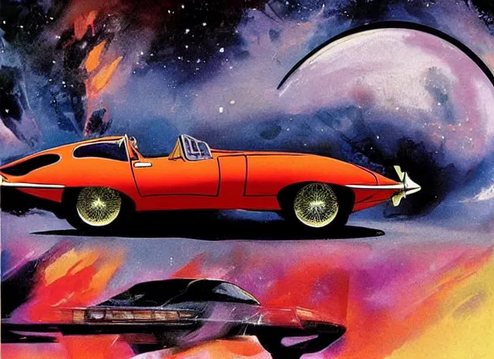 Image similar to kitt, knight rider, jaguar e - type. style danger diabolik, star wars, retro, retro futurist. painting by jack gaughan