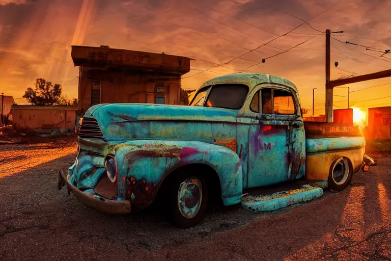 Image similar to a sunset light landscape with historical route 6 6, lots of sparkling details and sun ray ’ s, blinding backlight, smoke, volumetric lighting, colorful, octane, 3 5 mm, abandoned gas station, old rusty pickup - truck, beautiful epic colored reflections, very colorful heavenly, softlight