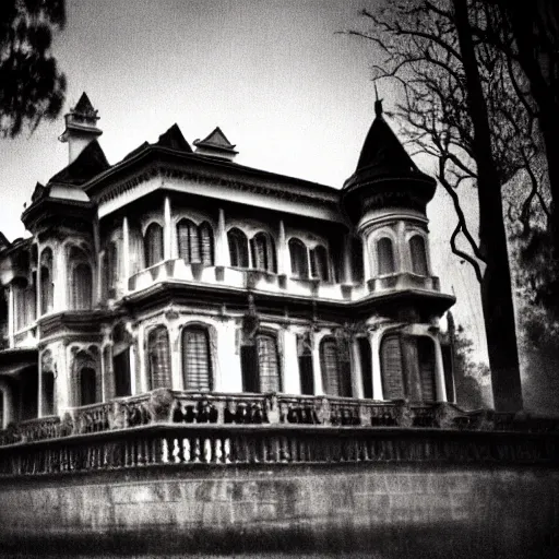 Image similar to lomo photo of haunted mansion, dark, scary, moody, gloomy, foggy