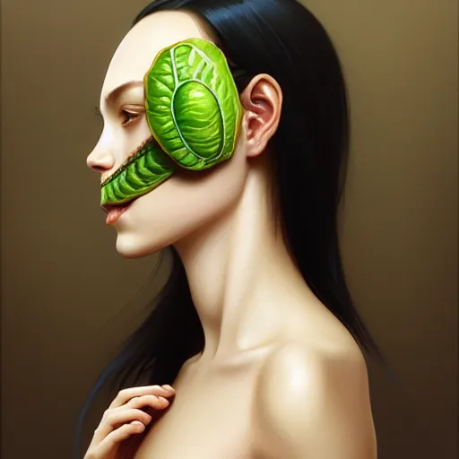 Image similar to avocado, bone in the form of the head of ilona mask, elegant, highly detailed, my rendition, digital painting, artstation, concept art, smooth, sharp focus, illustration, art by artgerm and greg rutkowski and alphonse mucha and uang guangjian and gil elvgren and sachin teng