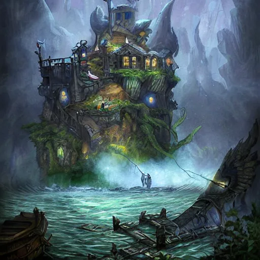 Prompt: drowned bandit lair, fantasy art