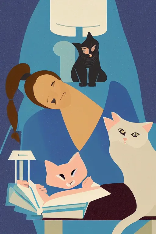 Prompt: a digital painting of a girl reading a book with a cat in A comfortable study room at night,JK uniform ,Hairdryer,blue theme,geometric shapes,S line,hard edges, by anmi and reoenl