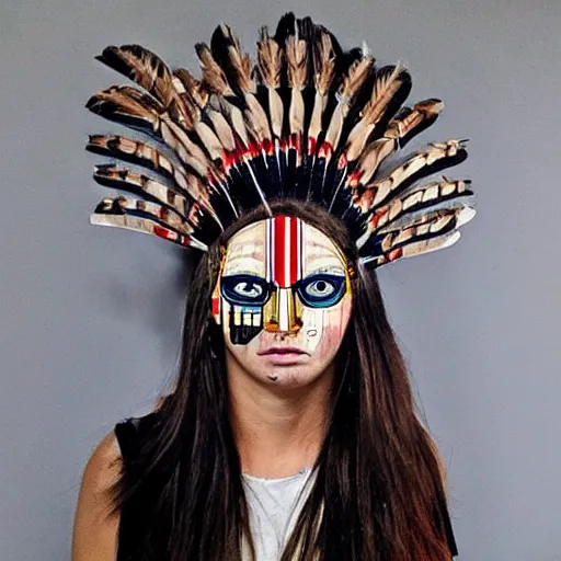 Prompt: a beautiful portrait sculpture designed by Sandra Chevrier, American Indian head dress, American stars and stripes on face