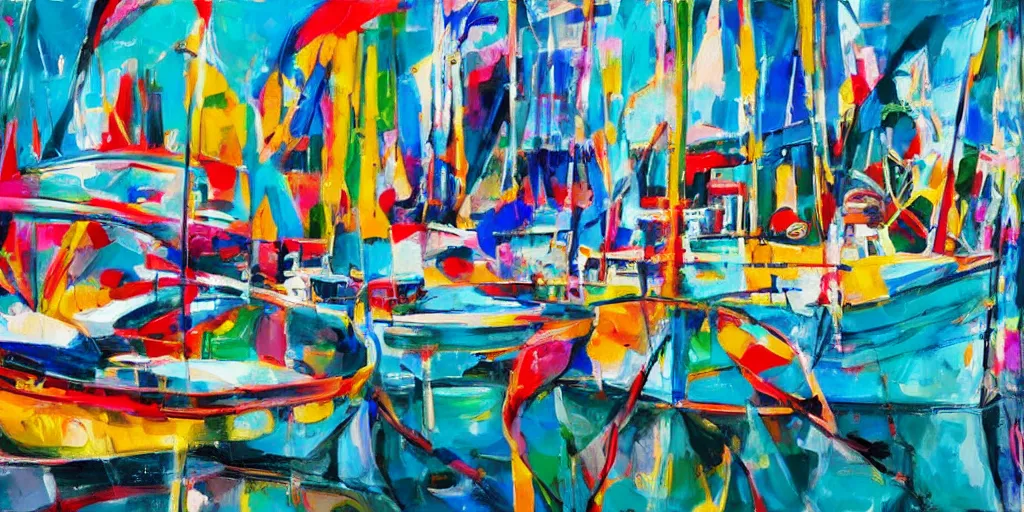 Image similar to abstract maximalist painting, interesting relationship within the composition, gestural lines, maximalism, boats at harbor, white sketchbook style, paint on canvas, power washed texture, masterpiece,